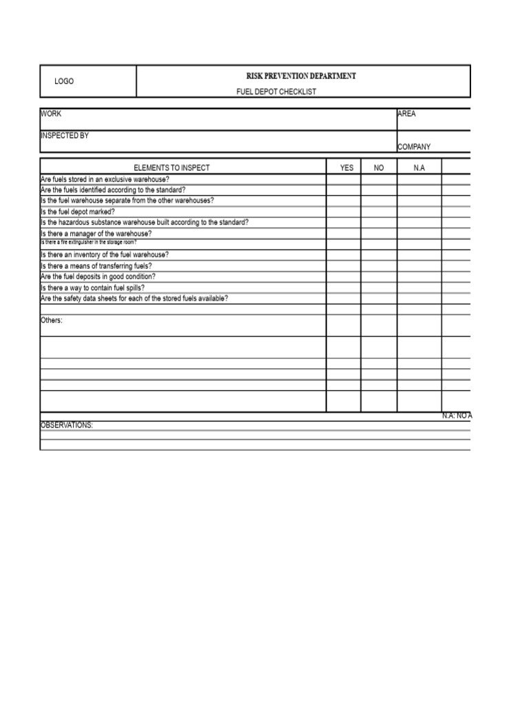 Monthly Fuel Warehouse Checklist | PDF