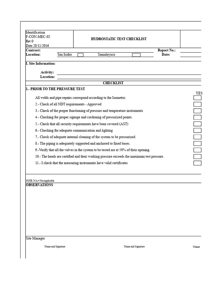 F-Con-Mec-02 - 0 Hydrostatic Test Checklist | PDF