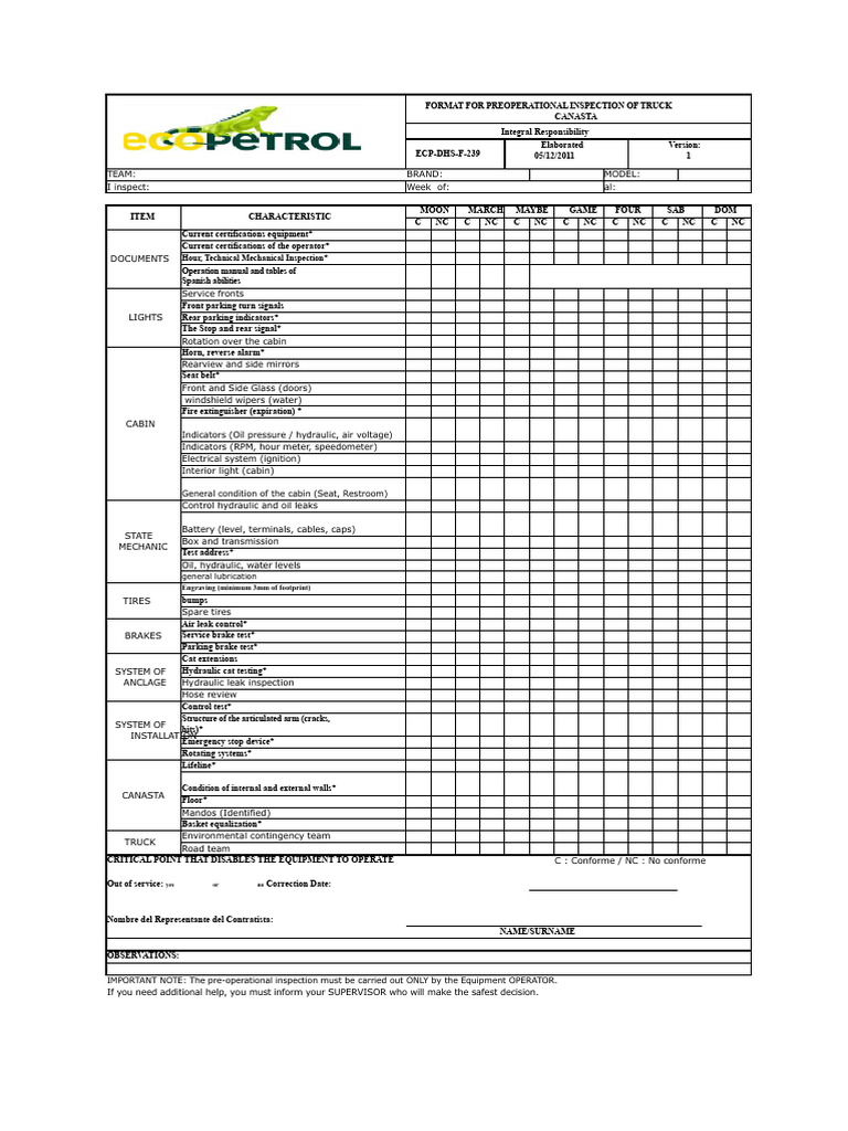 ECP-DHS-F-239 Pre-Operational Inspection of Bucket Truck (Version 1 ...