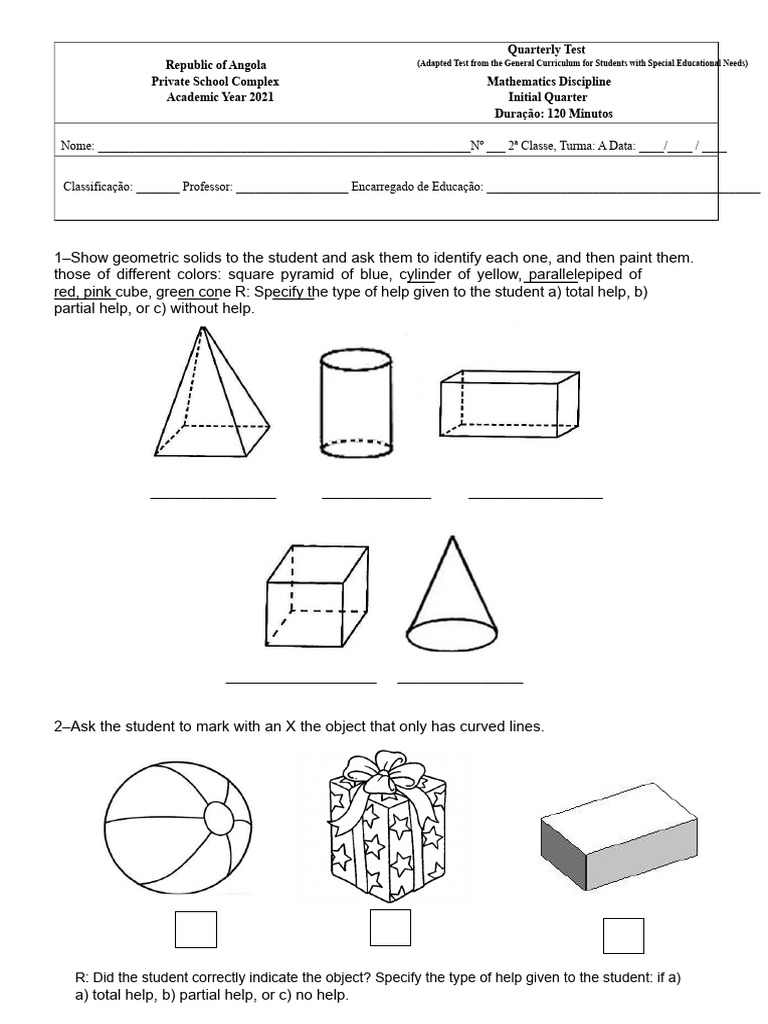Adapted Mathematics Test - STUDENT WITH SPECIAL EDUCATIONAL NEEDS | PDF ...