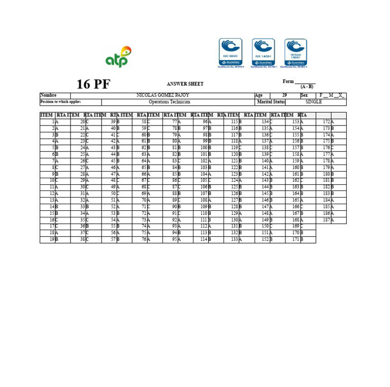 Response Template - 16pf | PDF