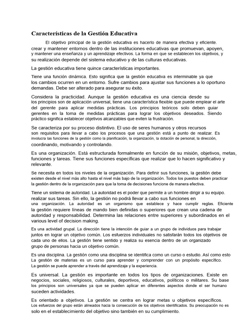 Características Clave de la Gestión Educativa | PDF | Planificación ...