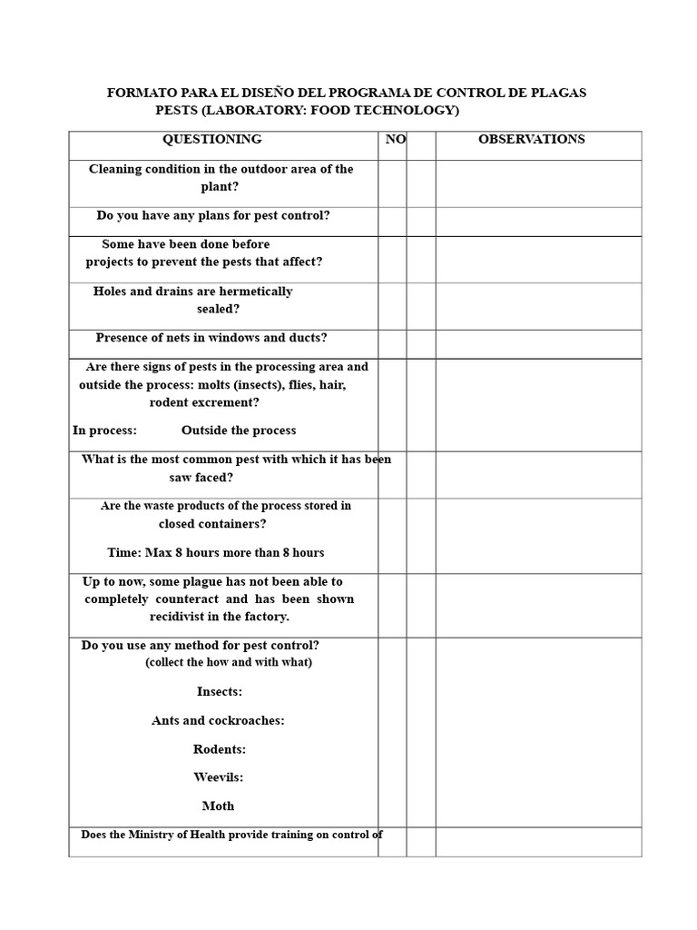 Format For The Design of The Pest Control Program Pests | PDF | Pest ...