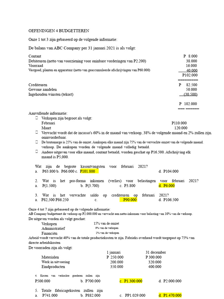 Oefeningen 4 Financiële Planning Budgettering | PDF