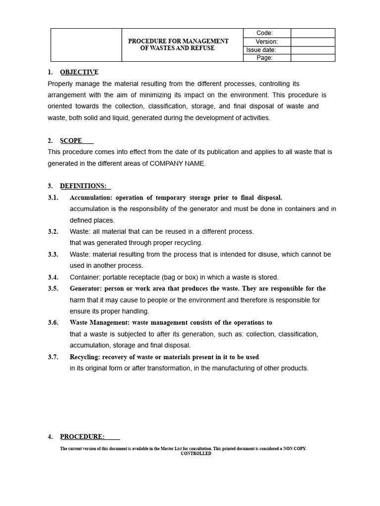 Waste Management Procedures Guide | PDF | Waste | Waste Management