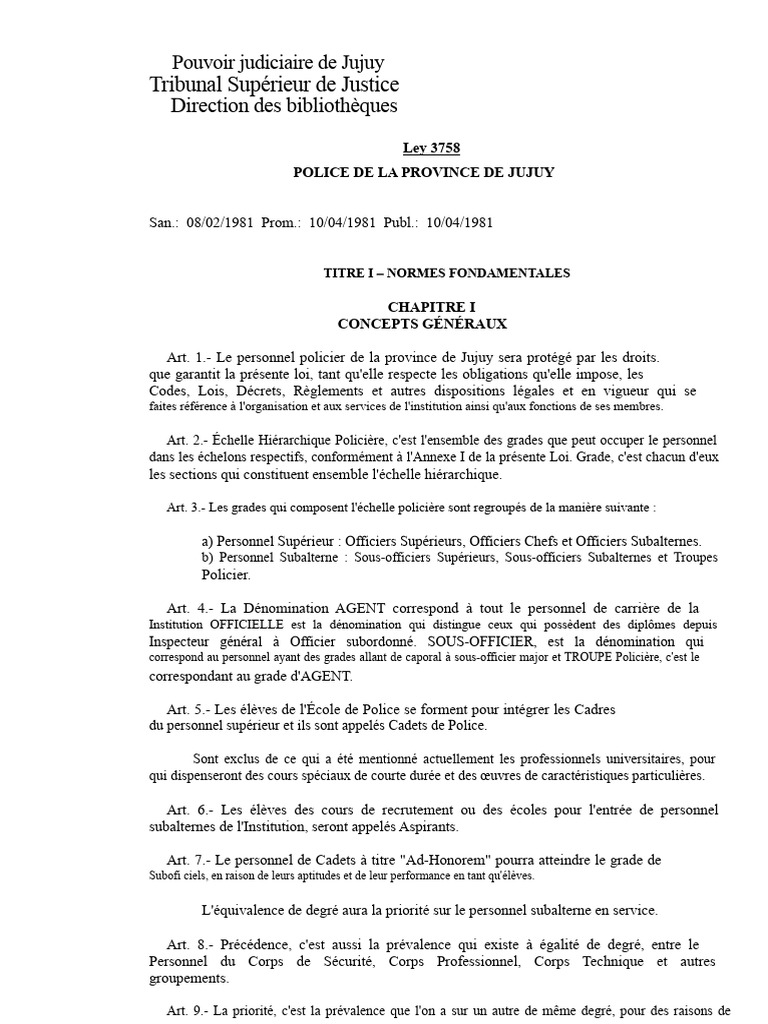 Normes et Hiérarchie de la Police de Jujuy | PDF | Loi | Officier de police