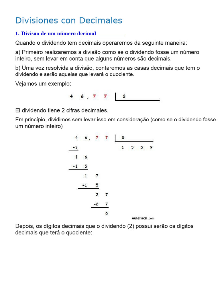 Como Dividir Números Decimais | PDF | Decimal | Divisão (Matemática)