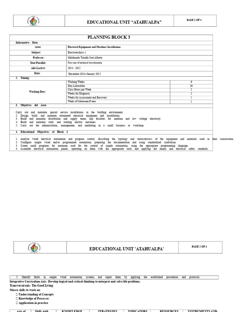 Planning Block 3 - 1ST Electrical Engineering Technician | PDF ...