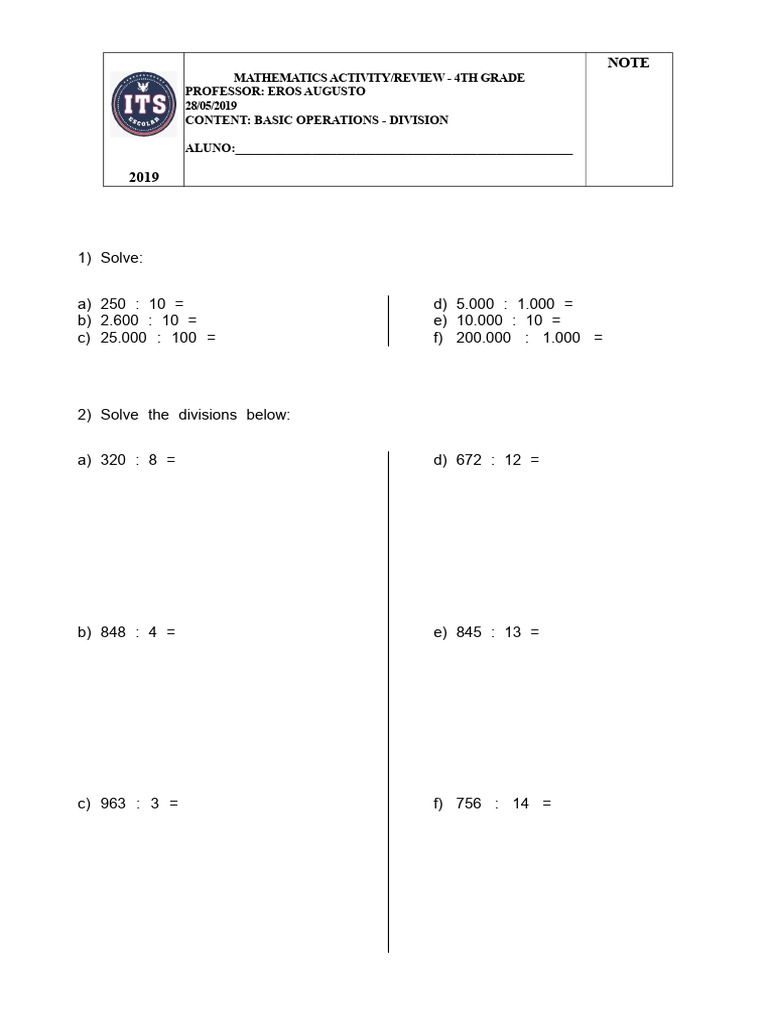 Mathematics Activity Division 4th Grade | PDF