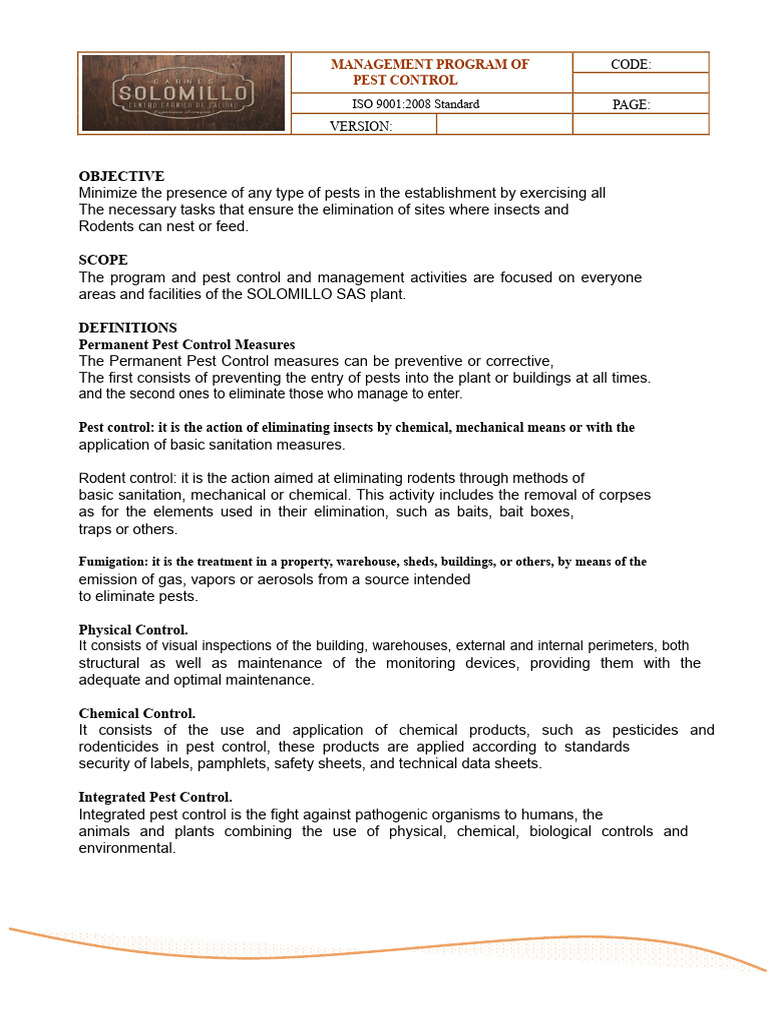 Pest Control Management Program ISO 9001 | PDF | Pest Control | Fly