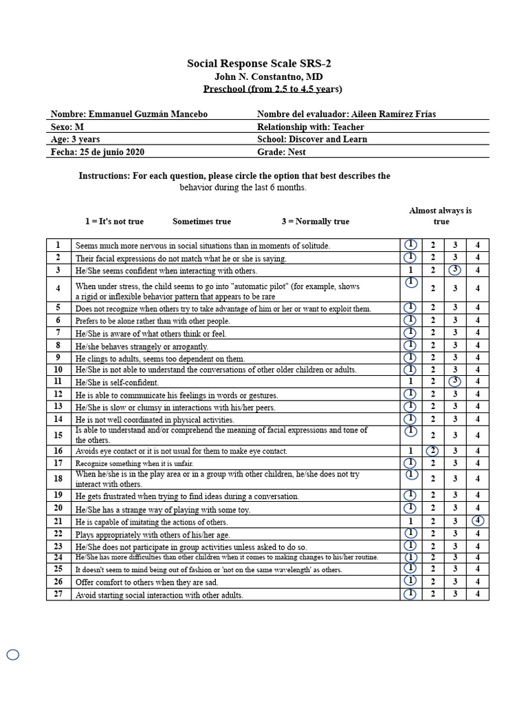 Social Response Scale SRS-2 Preschool (ages 2.5 to 4.5 years) | PDF ...