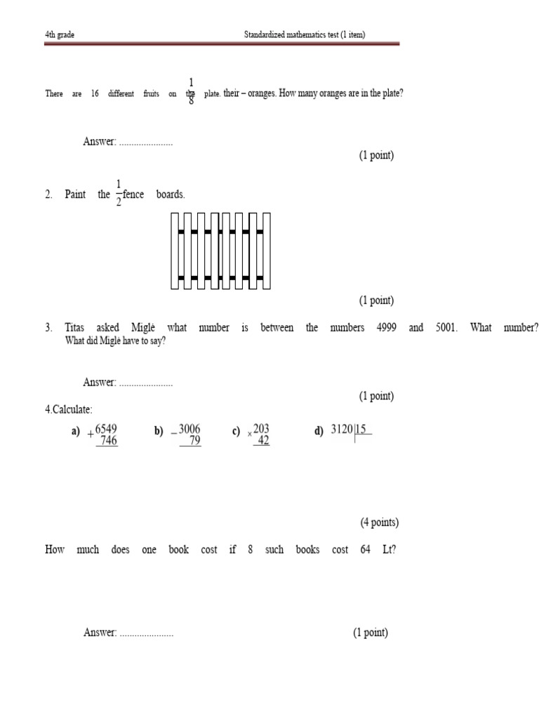 4th Grade Standardized Math Test | PDF | Mathematics