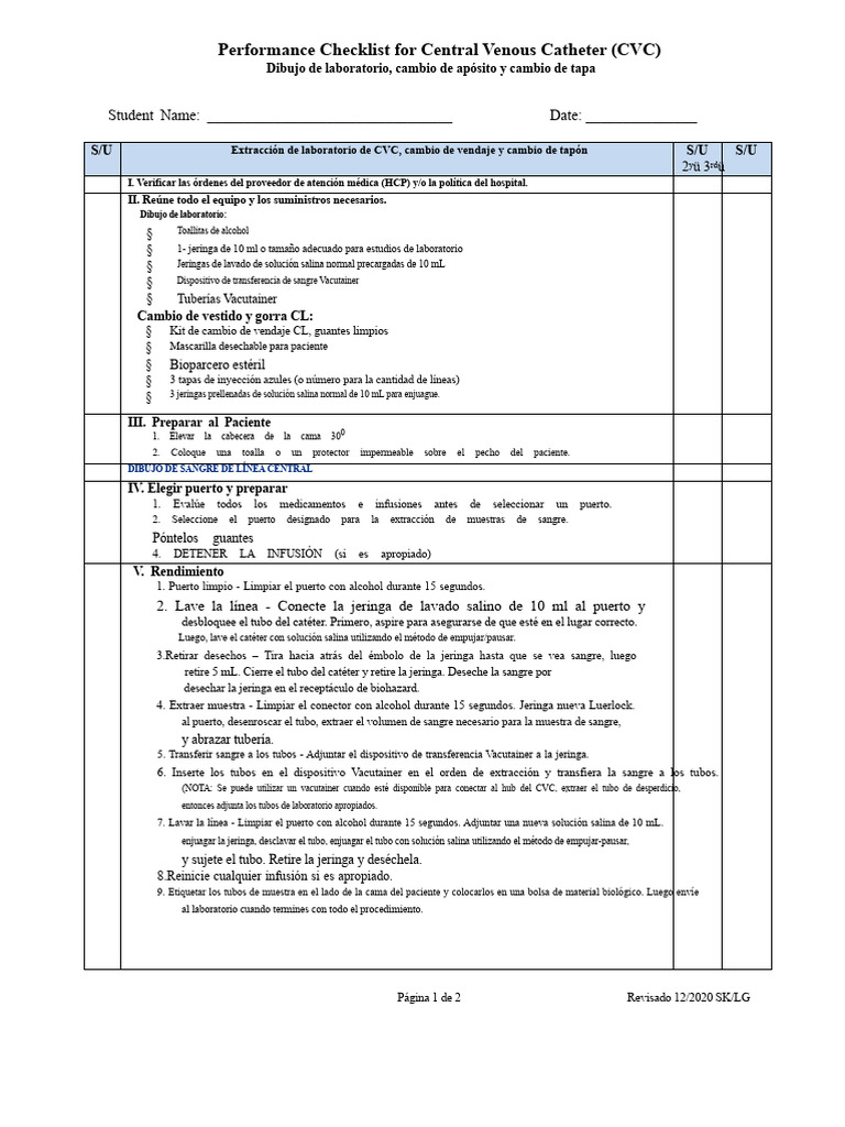 Checklist de Rendimiento para CVC | PDF | Inyección (medicina) | Equipo ...