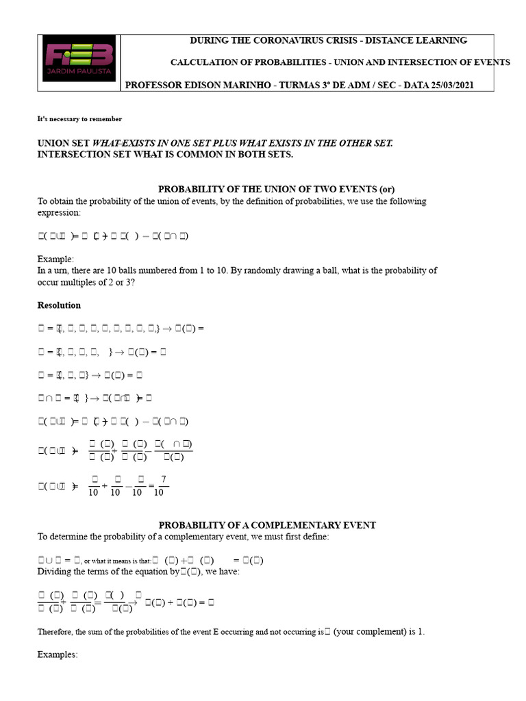 Probability of The Union and Intersection of Events | PDF | Probability ...