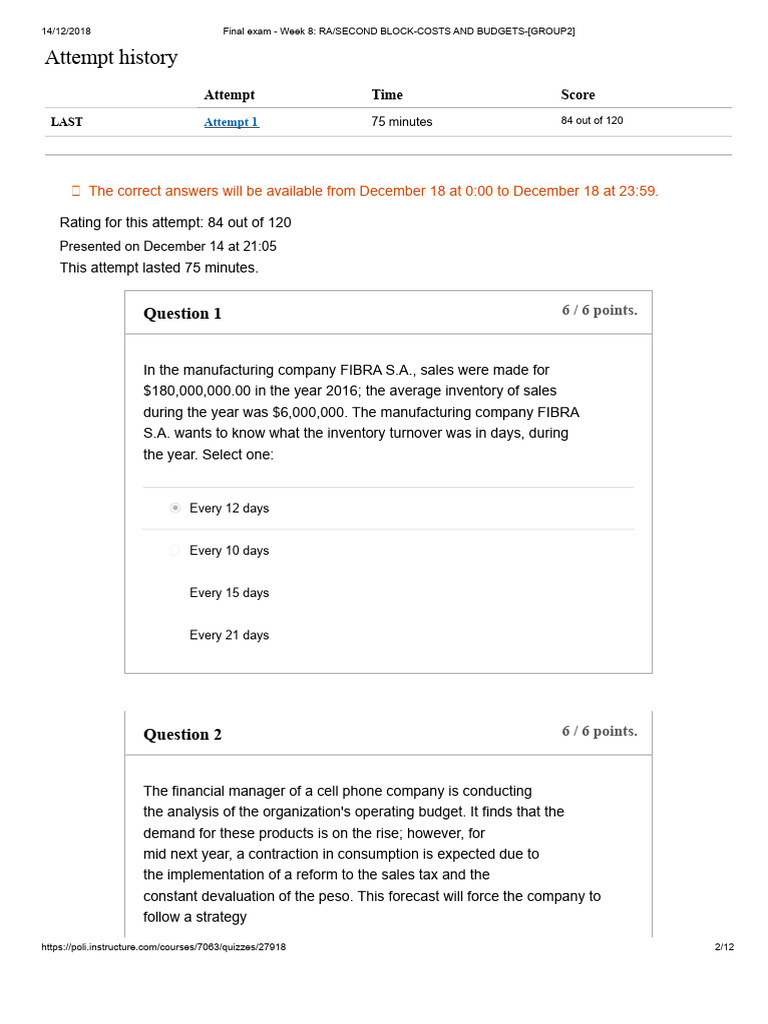 Final Exam - Week 8 - Costs and Budgets - (Group 2) | PDF | Inventory ...