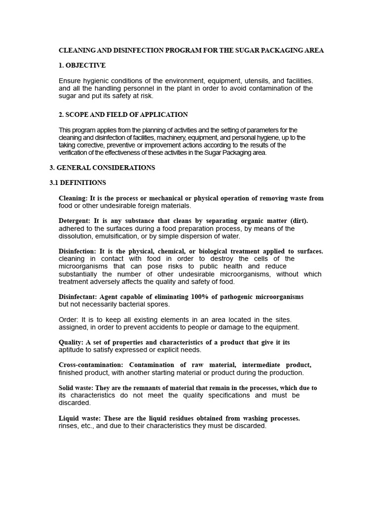 Sugar Packaging Area Cleaning Protocol | PDF | Disinfectant | Water