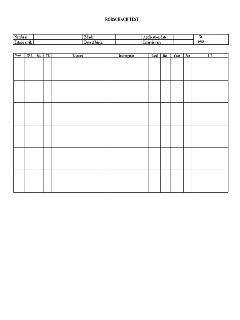 Rorschach Test Response Record | PDF
