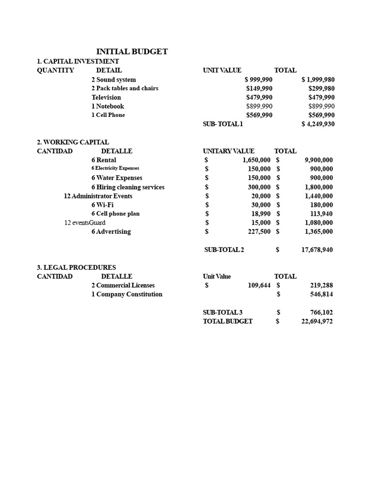 Comprehensive Initial Budget Breakdown | PDF | Depreciation | Financial ...