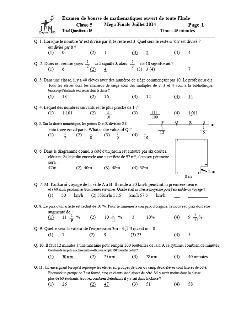Examen de mathématiques Classe 5 Juillet 2014 | PDF | Échecs