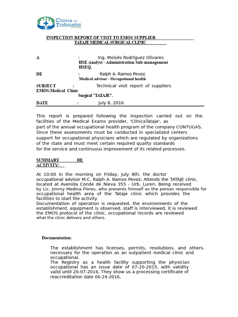 Clinic Inspection Report Tataje | PDF | Pharmacy | Physician