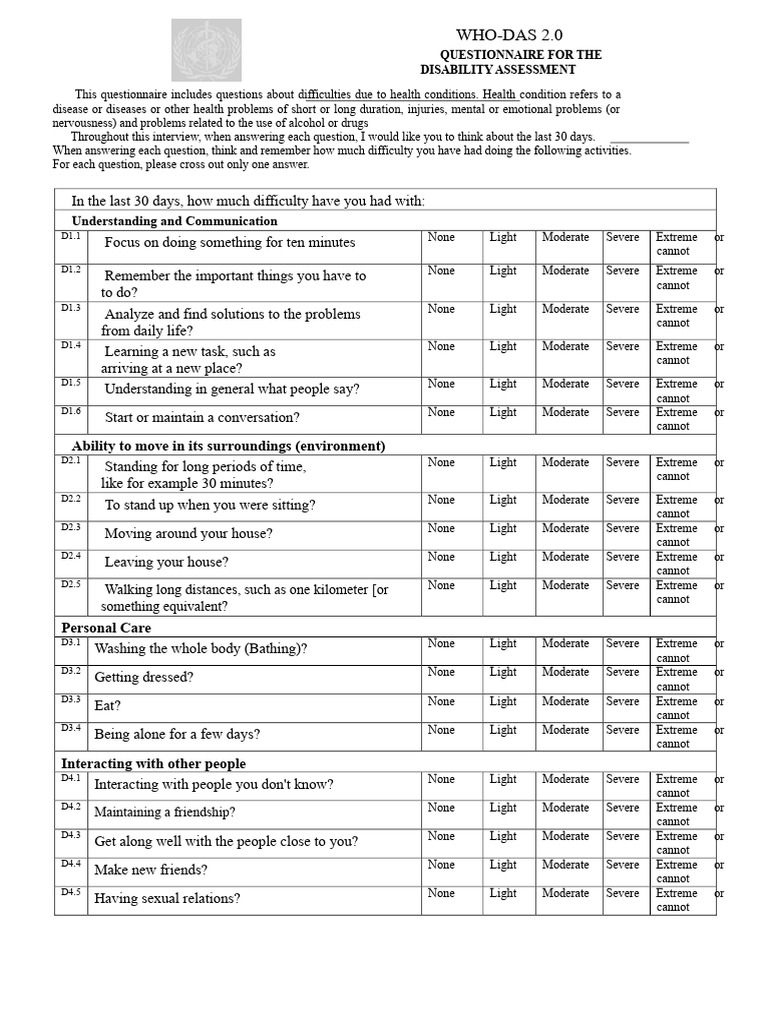 WHODAS-2 Questionnaire | PDF | Questionnaire | Psychological Concepts