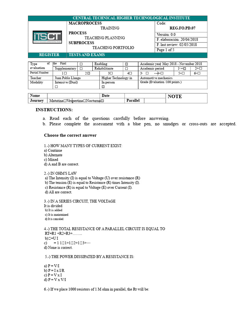 Electrotechnics Test | PDF | Electric Current | Series And Parallel ...