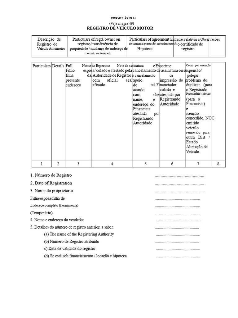 Registro de Veículo Motor: Formulário 24 | PDF | Veículos | Transporte