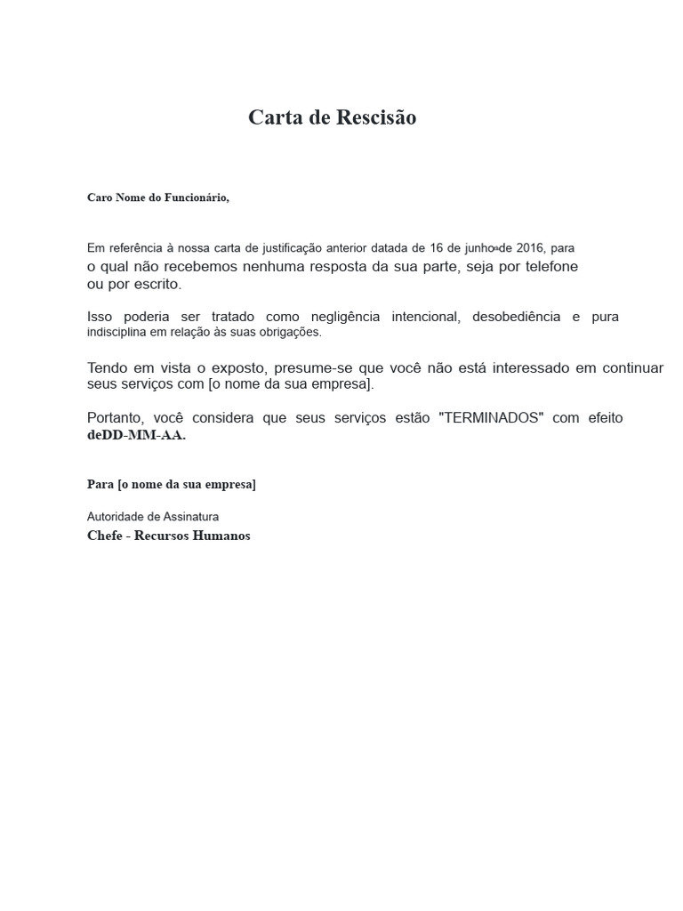 Carta de Rescisão de Contrato de Trabalho | PDF