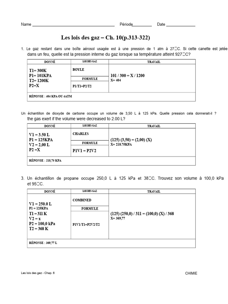 Calculs des lois des gaz en chimie | PDF | Gaz | Chimie