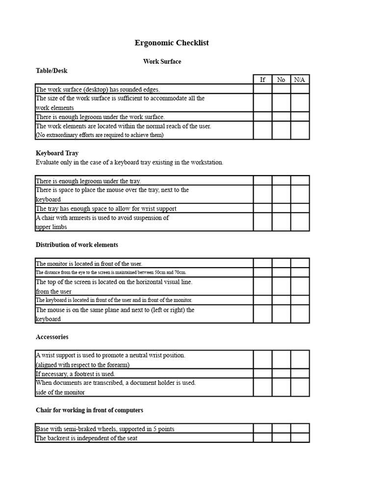 Ergonomic Workspace Evaluation Checklist | PDF | Anatomical Terms Of ...