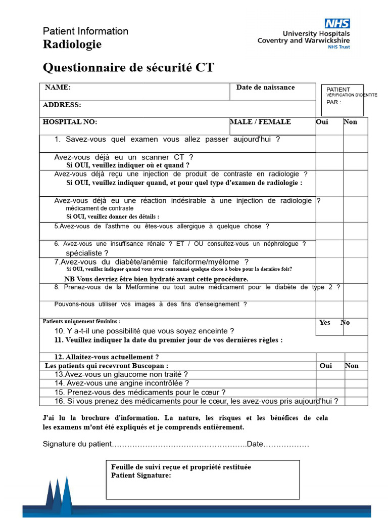 Questionnaire de sécurité pour scanner CT | PDF | Tomodensitométrie ...