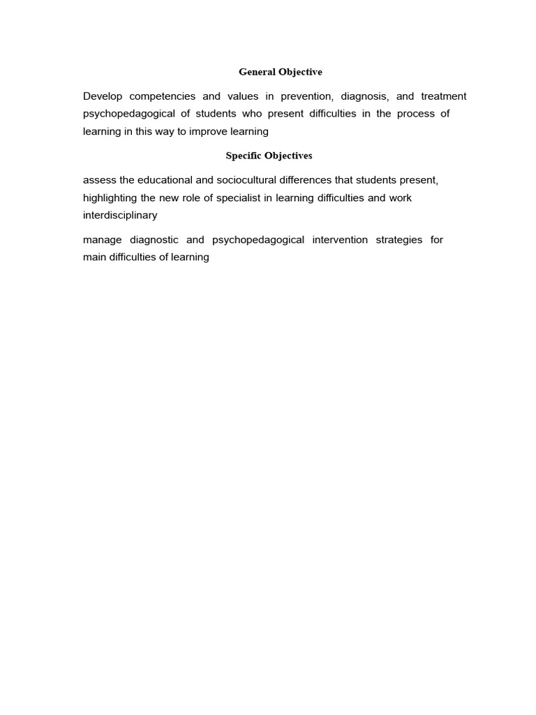 General and Specific Objectives of Specific Learning Disabilities | PDF