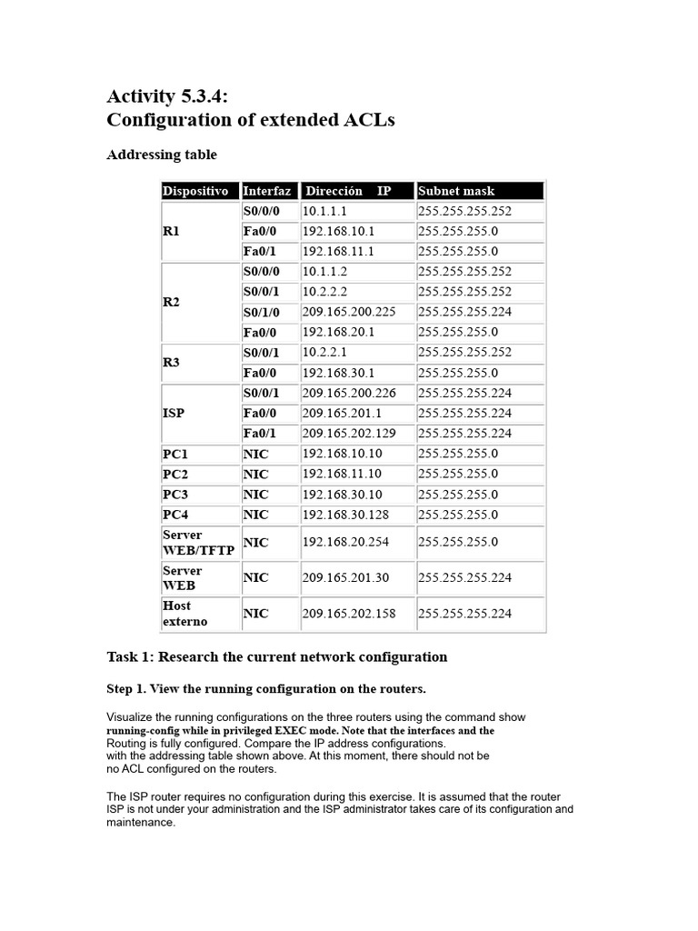 Activity 5.3.4: Configuration of Extended Acls: Addressing Table | PDF ...