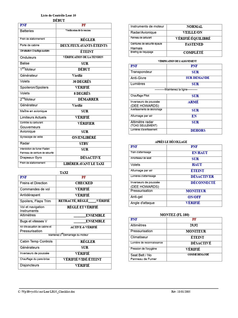 Liste de Contrôle Lear 35 Avionique | PDF | Décollage | Avion
