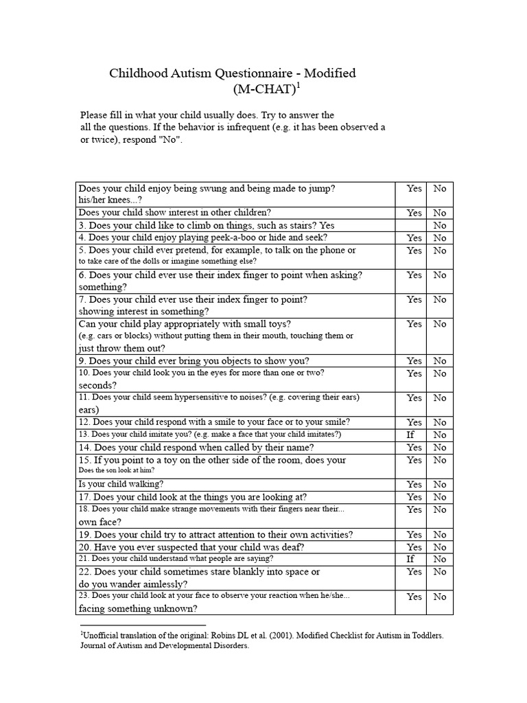 MCHAT Questionnaire (ASD) Parents Sheet | PDF | Autism | Questionnaire