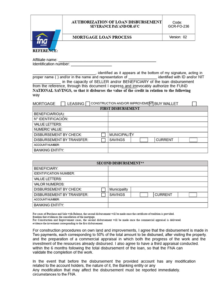 Loan Disbursement Authorization Form | PDF | Mortgages | Real Estate ...