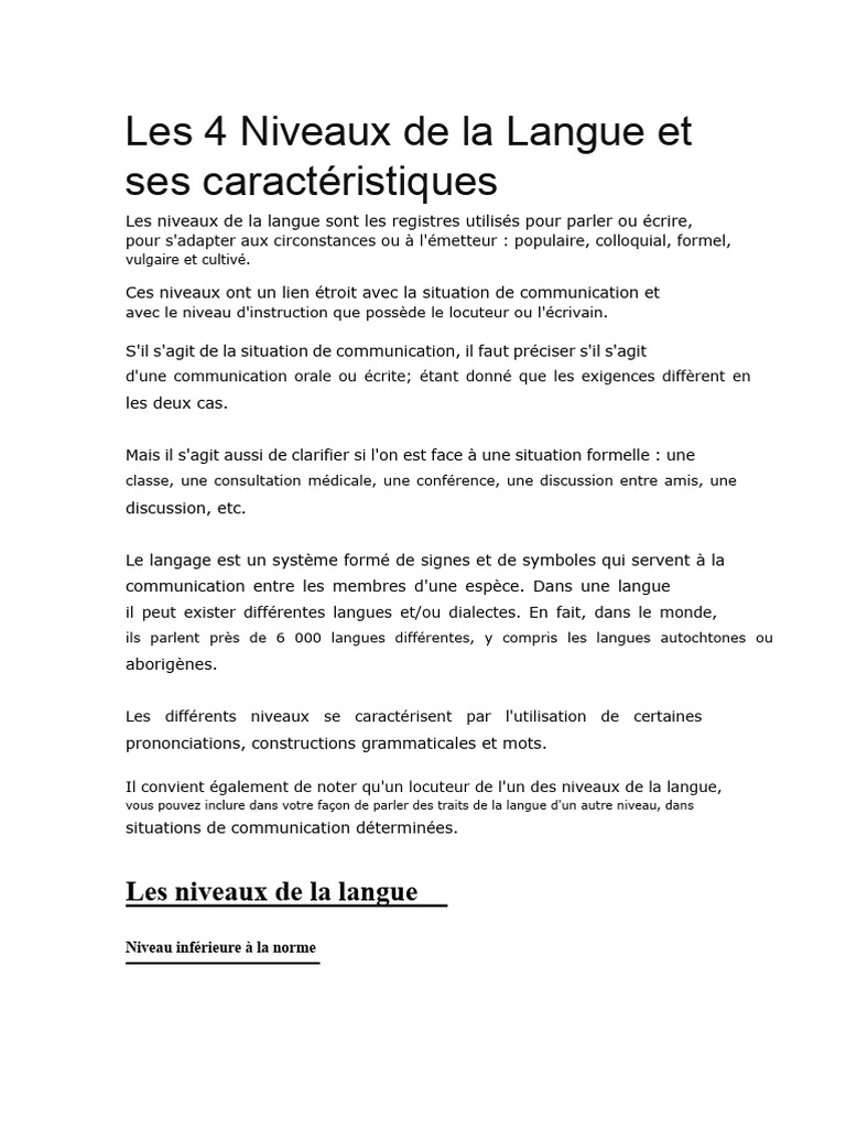 Les 4 Niveaux de La Langue Et Leurs Caractéristiques | PDF ...