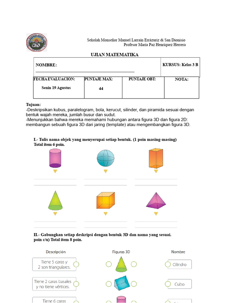 Ujian Matematika Kelas 3: Geometri 3D | PDF