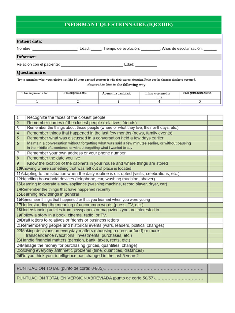 Informant Questionnaire for Cognitive Assessment | PDF | Psychology ...