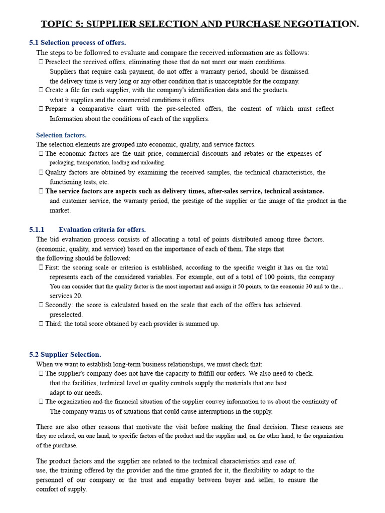 Topic 5. Supplier selection and purchase negotiation. | PDF ...