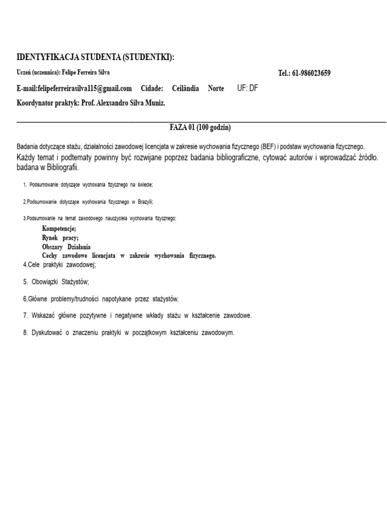 Karta Praktyk 1. Stopnia. Licencjat Z Wychowania Fizycznego BEF 400h ...