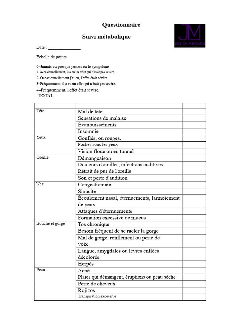 Questionnaire de Suivi Métabolique | PDF | Douleur | Maladies et troubles