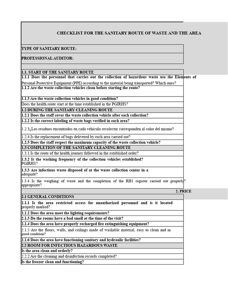 Waste Sanitation Route Checklist | PDF | Waste | Pollution