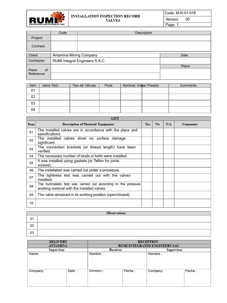 Valve Installation Inspection Record | PDF