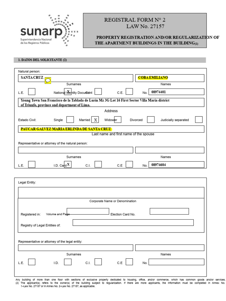 Registral Form #2 LAW No. 27157: Property Registration And/Or ...