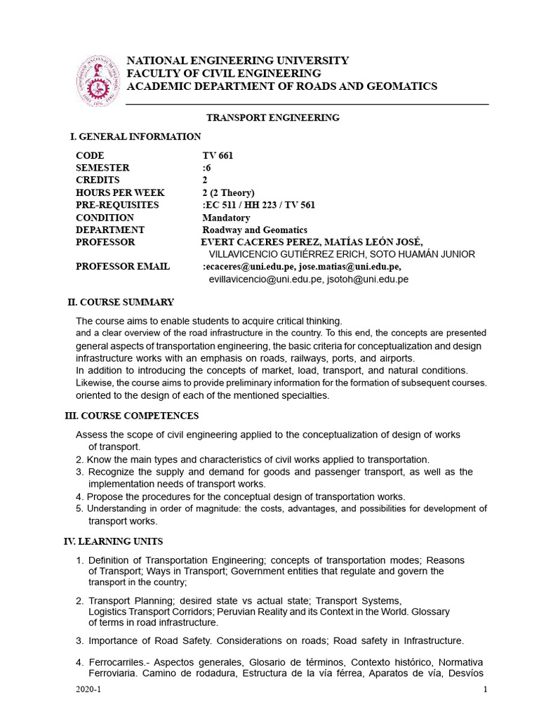 Syllabus For Transportation Engineering Course 2021-I | PDF | Aerodrome ...