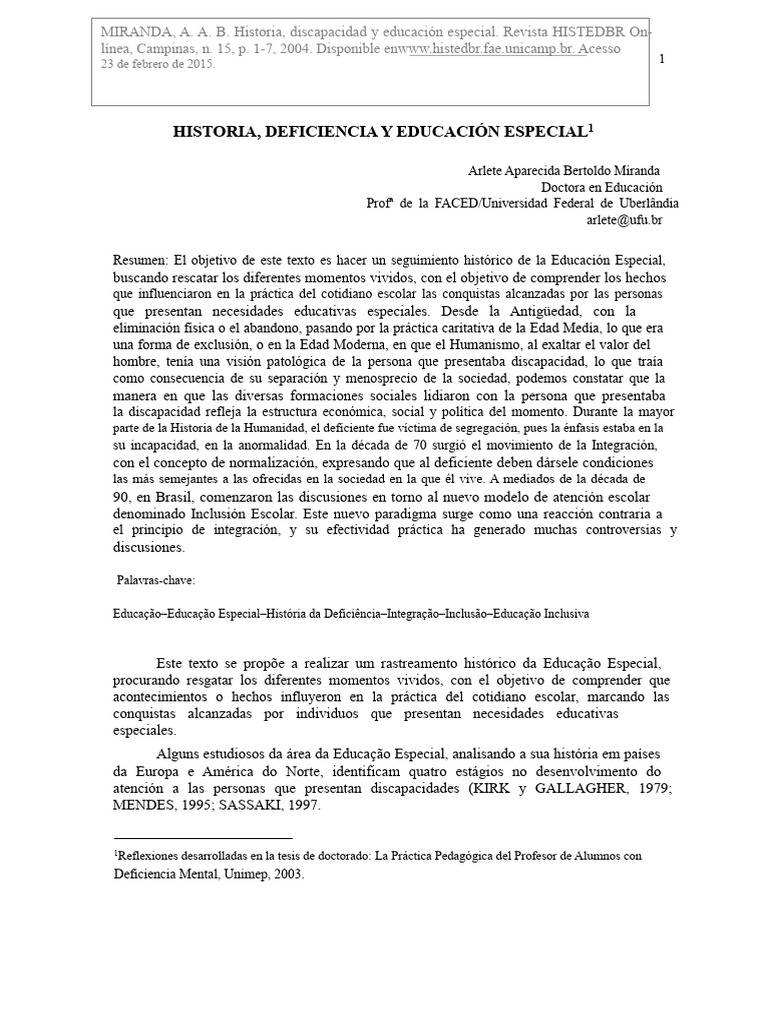 Historia de la Educación Especial y Discapacidad | PDF | Educación ...