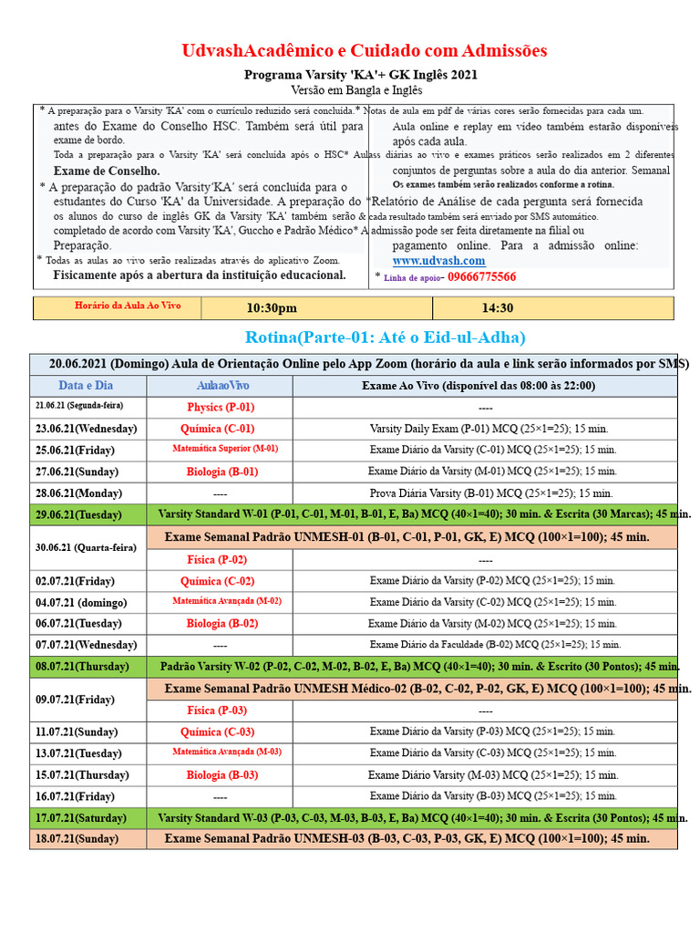 Rotina de Aulas e Exames Da Varsity KA (Parte-01) | PDF | Bangladesh