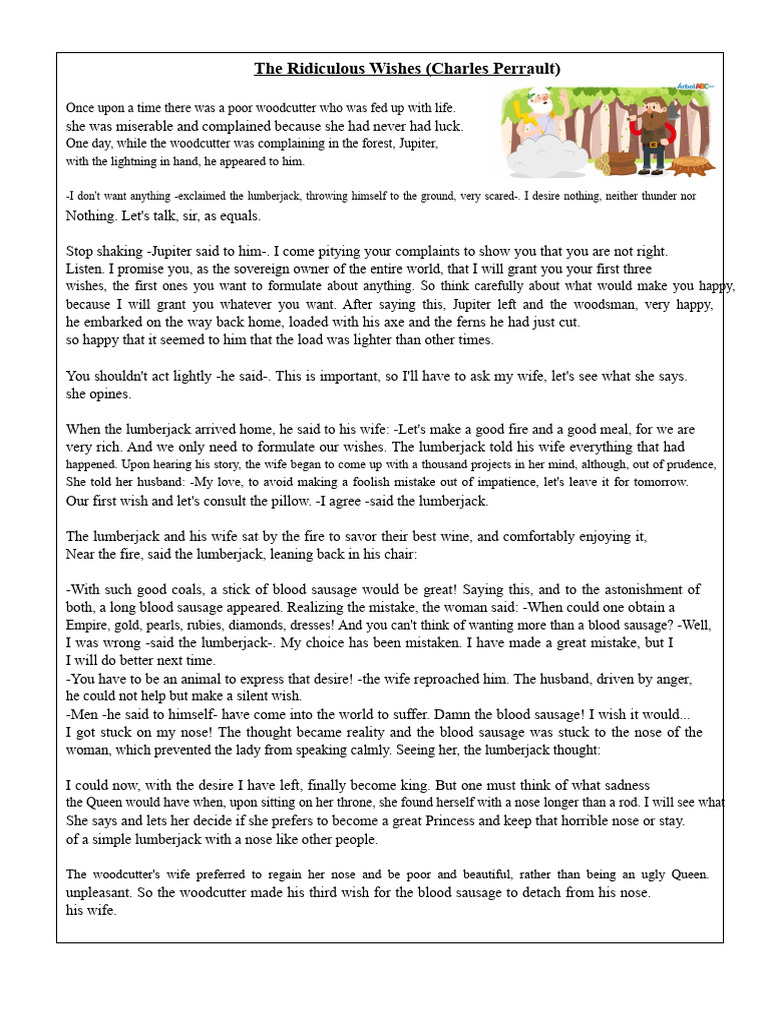 The Woodcutter's Three Wishes Story | PDF | Folklore | Fairy Tales