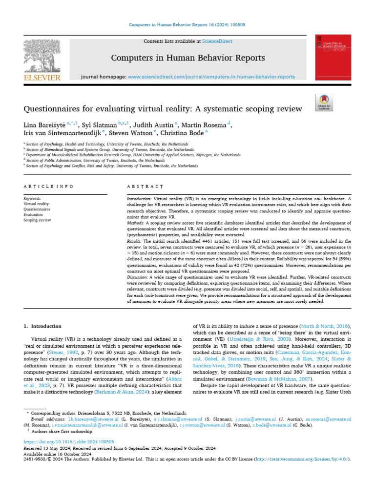 Evaluating Virtual Reality Questionnaires | PDF | Virtual Reality ...